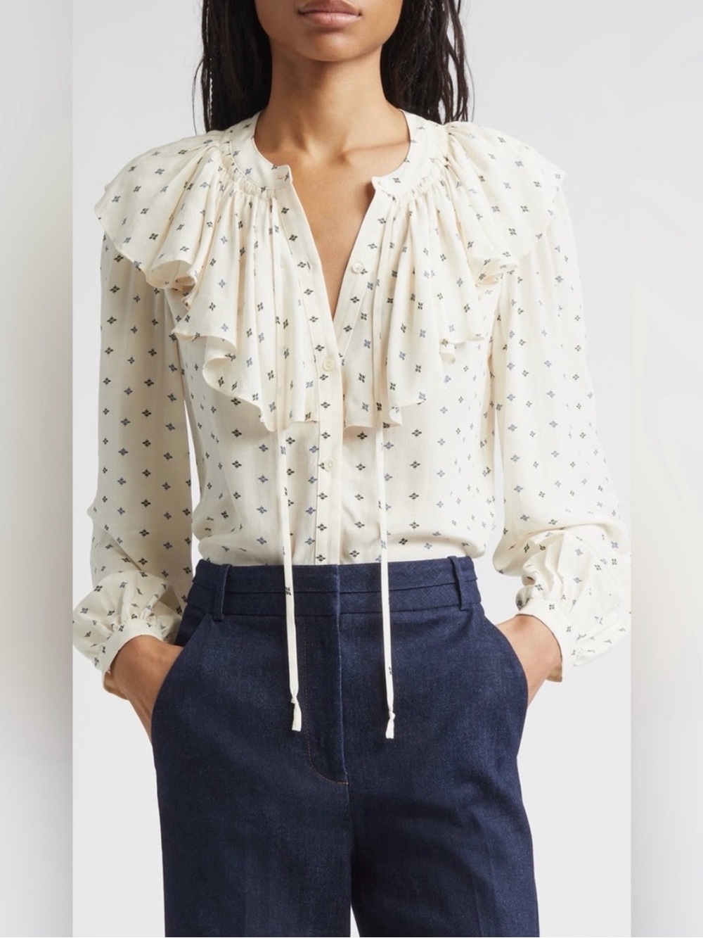 VERONICA BEARD Gomez Long Sleeve Ruffle Blouse In Ecru Cream  Tie-Neck Size 10